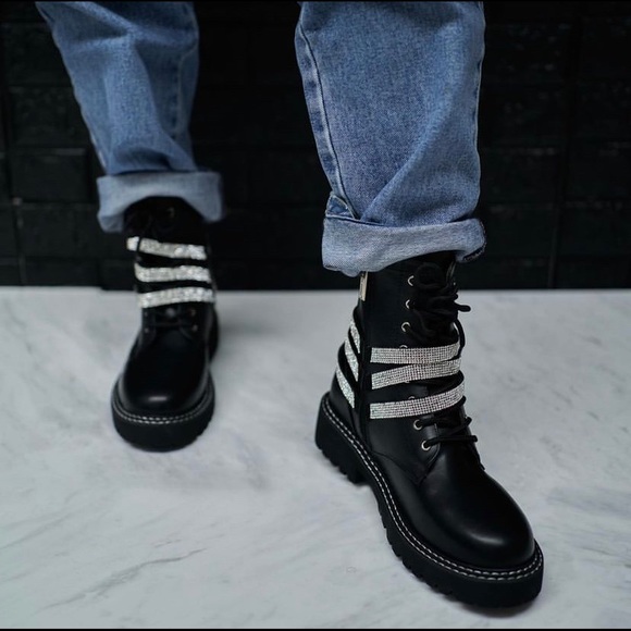 Black Combat Boots with Rhinestone Straps - Picture 2 of 2